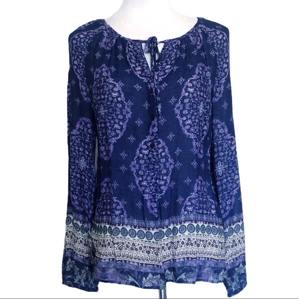 LUCKY BRAND BLUE PURPLE PRASANTt BOHO GEOMETRIC BANDANA LONG SLEEVE TOP …